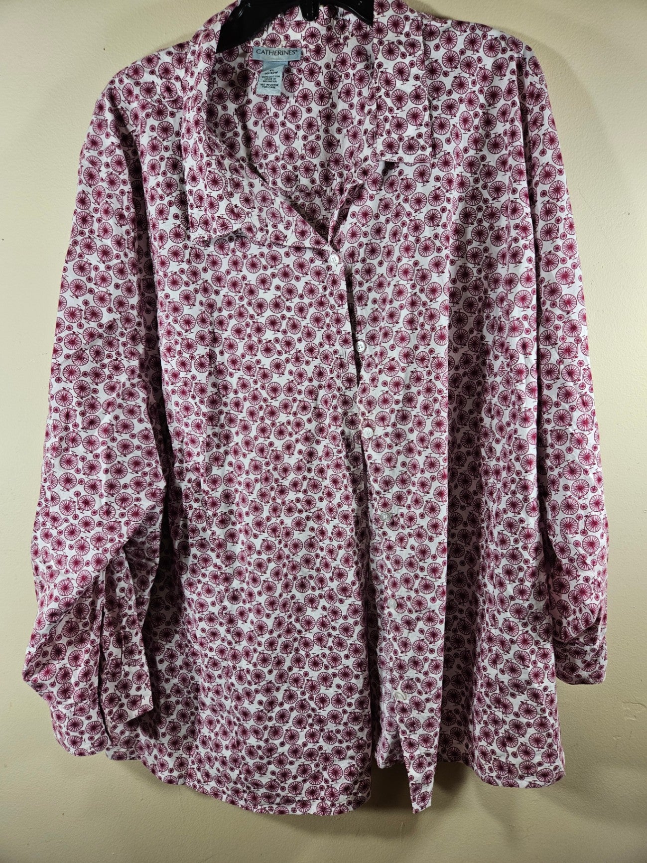 Catherines, White with Burgundy Print, Long Sleeves Top 30/32