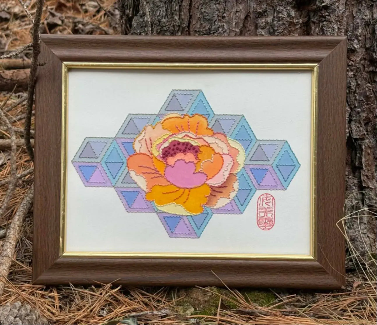 Gouache & Embroidery Painting W/ Upcycled Frame, Artwork, Size 10.5in X 13in W/ Frame Gouache & Embroidery Painting W/ Upcycled Frame Artwork More To Love Consignment