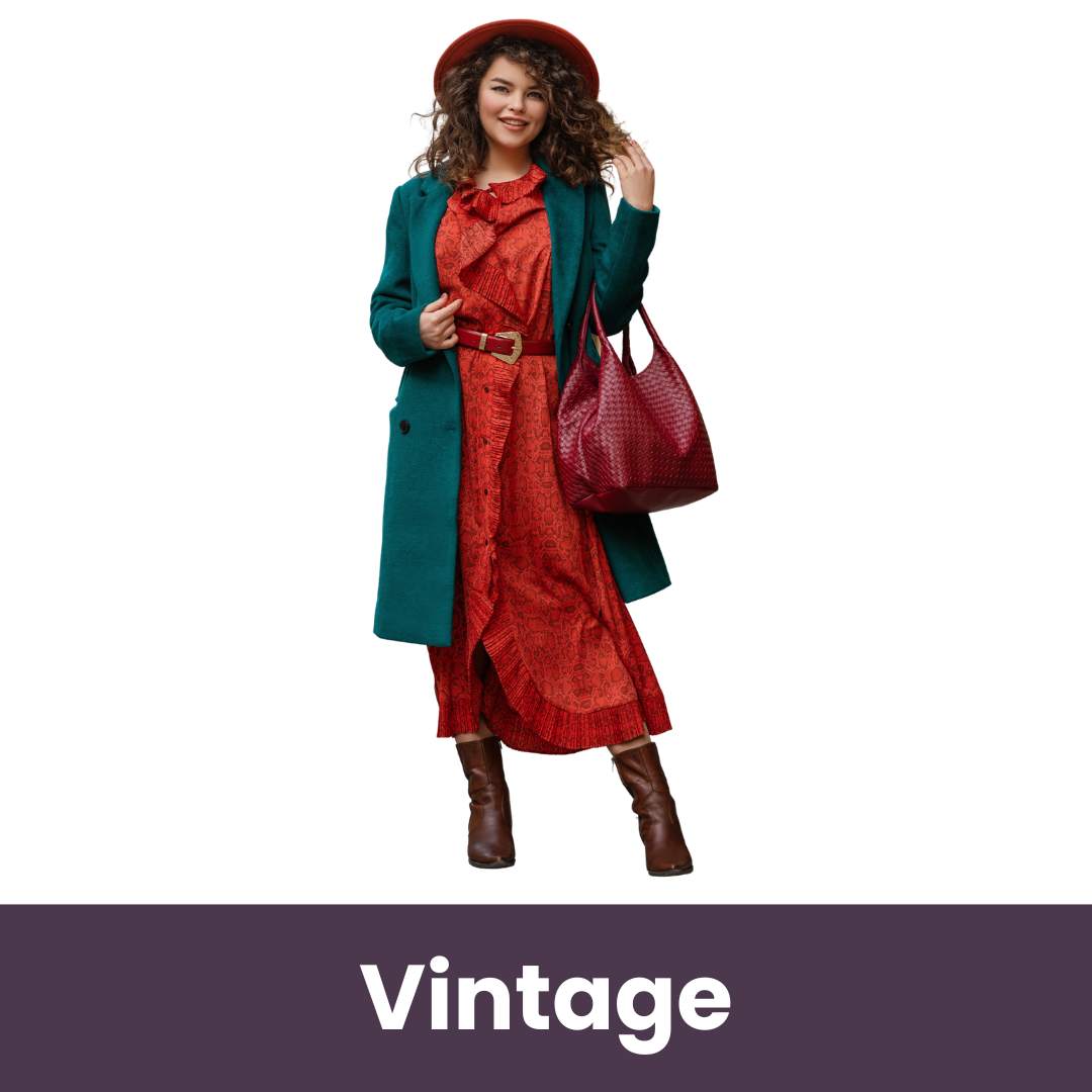 plus-size woman wearing vintage red dress and teal jacket