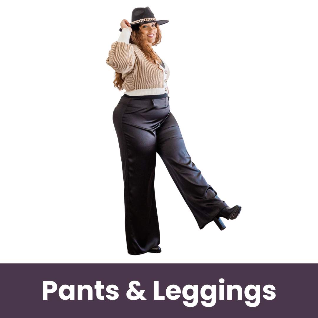 plus-size woman in sunhat wearing tan top and chic wide-leg pants