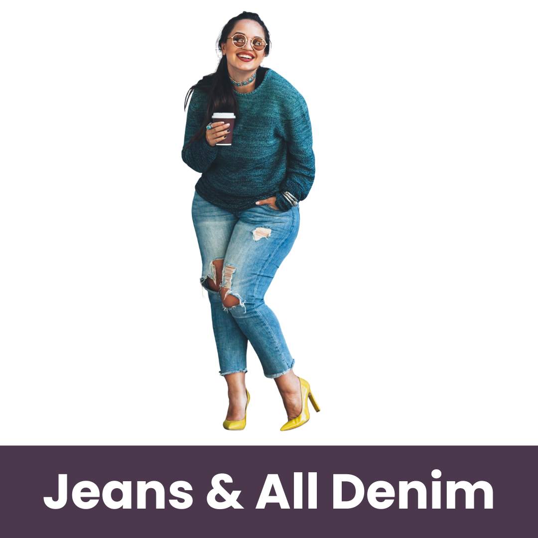 plus-size woman wearing ripped jeans and teal sweater smiling