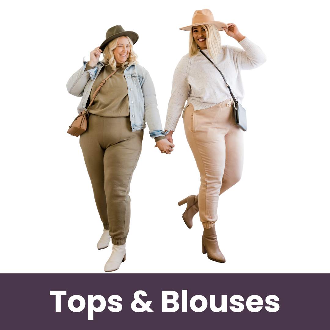 two women holding handing wearing nautral colors and button downs and cute tops