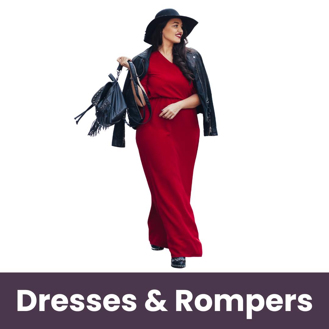 plus-size woman wearing long red dress and leather jacket