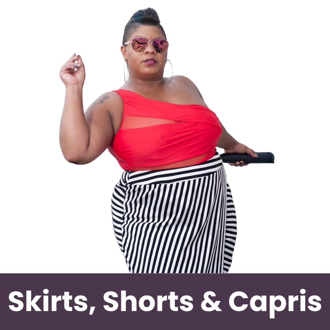 plus-size woman wearing bold red top and black and white stripped pencilskirt