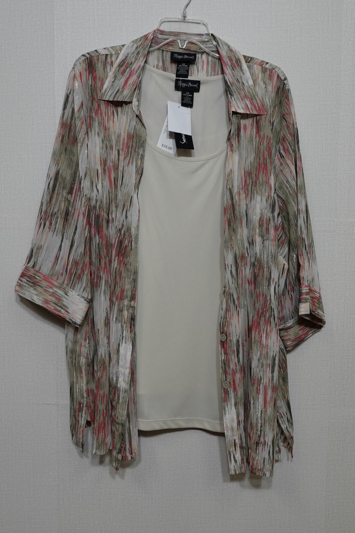 Maggie Barnes, New 3/4 Sleeve Button Down Shirt & Shell Set, Size 22/24W