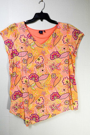 Kaari Blue, Short Sleeved Top, XL Coral Orange Multicolor