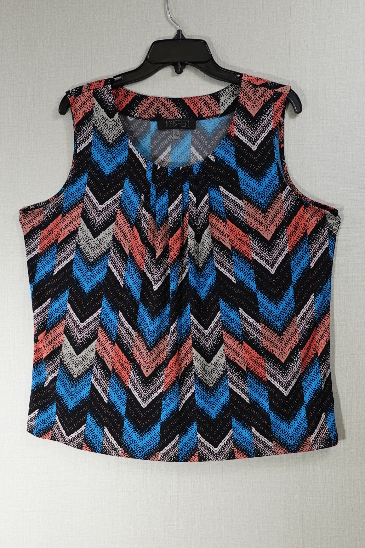 Kasper, Sleeveless top, XL Black with blue, coral, white, and gray pattern