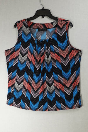 Kasper, Sleeveless top, XL Black with blue, coral, white, and gray pattern