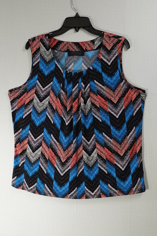 Kasper, Sleeveless top, XL Black with blue, coral, white, and gray pattern