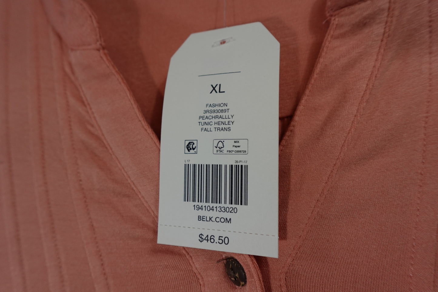 Wonderly, New Long Sleeves Top, XL Peach