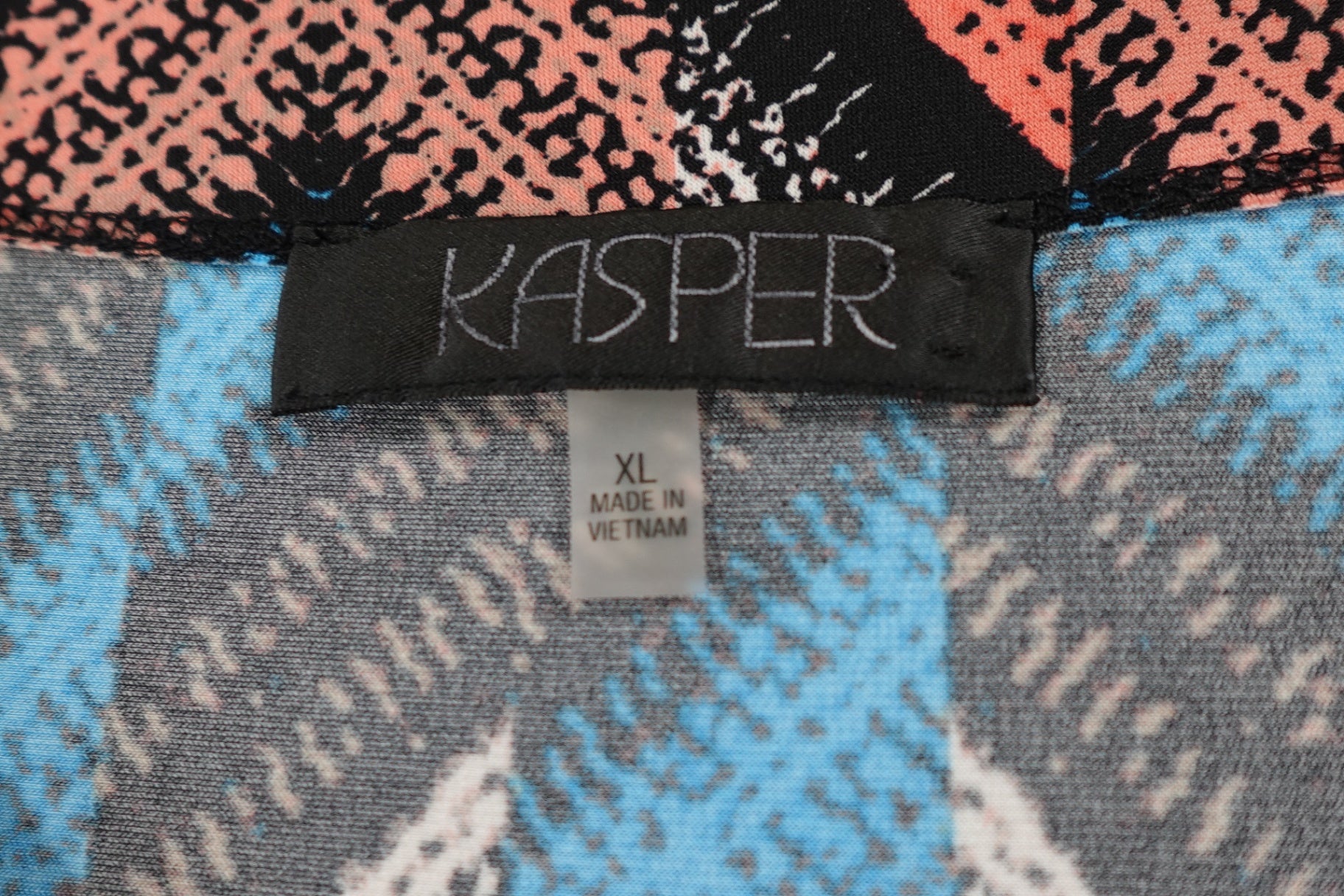 Kasper, Sleeveless top, XL Black with blue, coral, white, and gray pattern