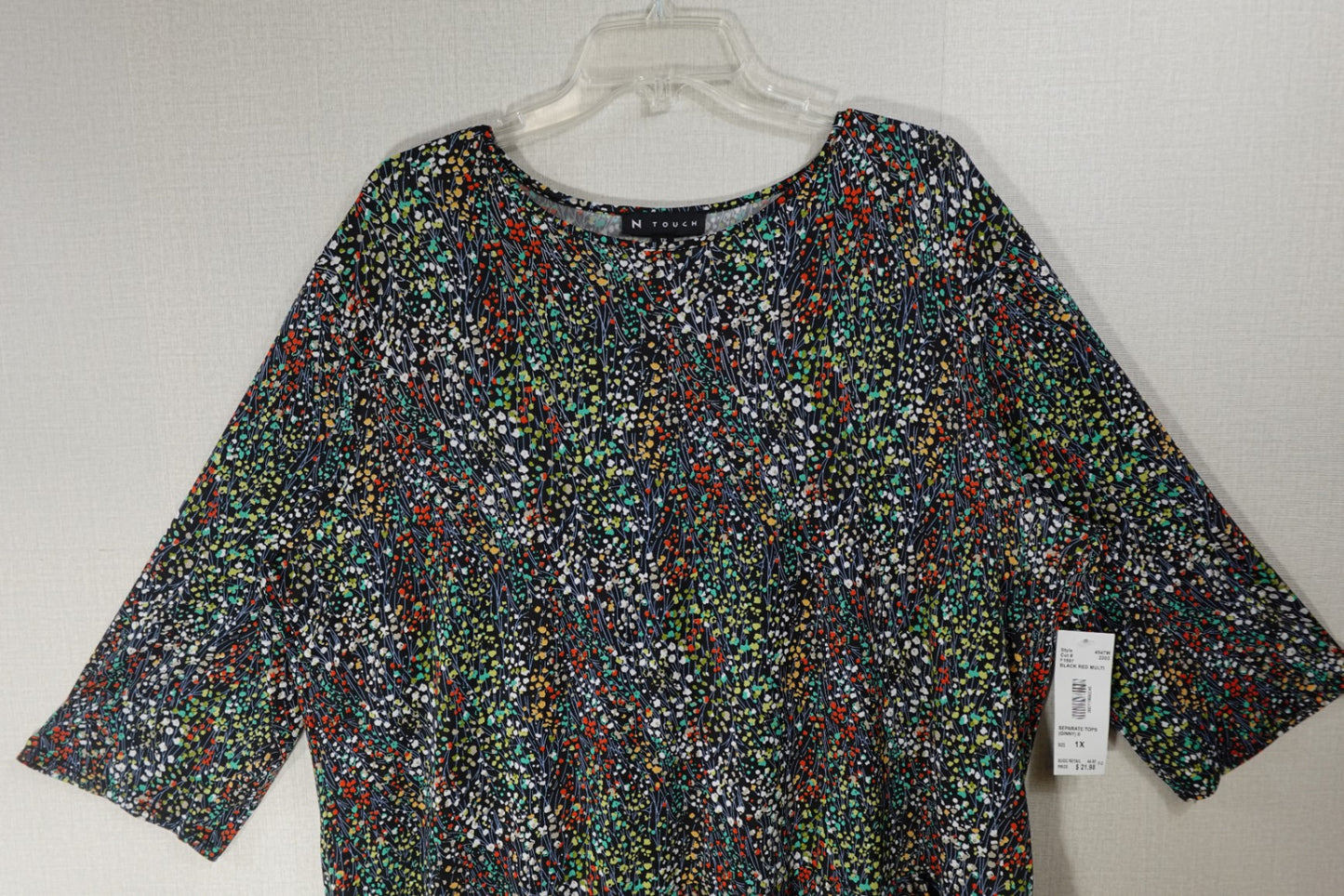 N Touch, New 3/4 Sleeve Top, 1X, Polyester, Spandex