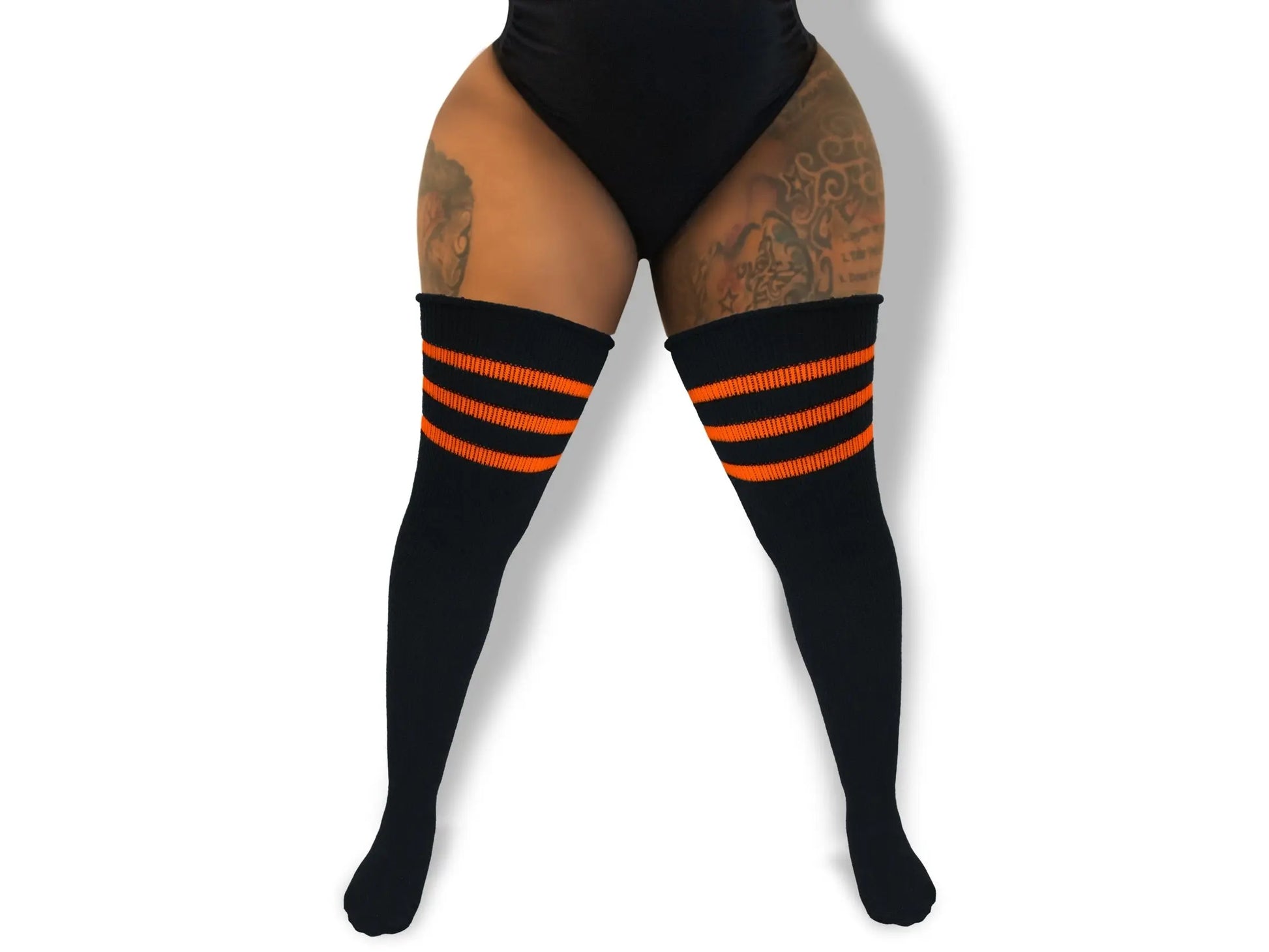 Midnight Pumpkin Striped Thick Thigh Tribe  Thigh High Plus Size Socks  More To Love Consignment